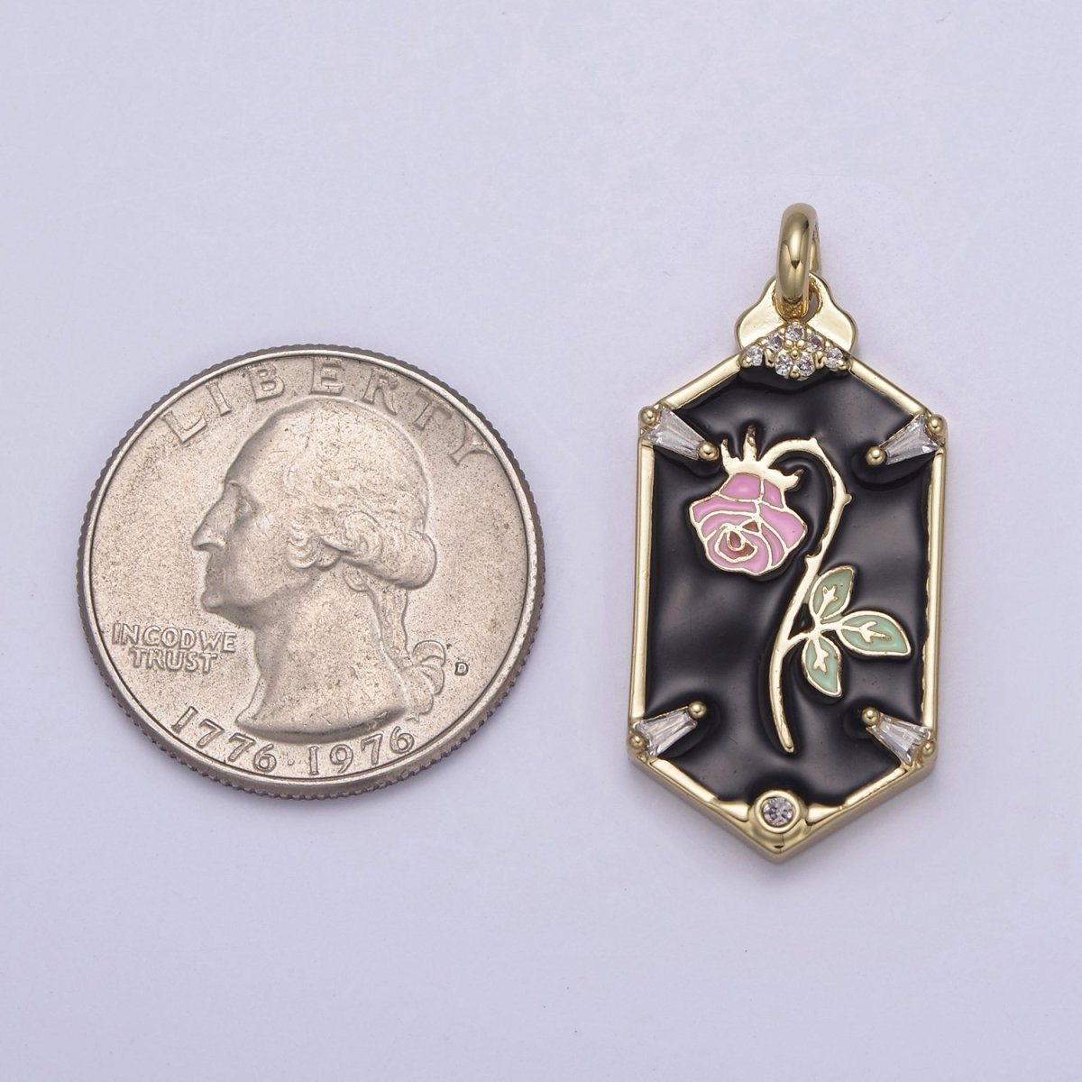 14k Gold plated Wilted Pink Rose Charm White black Enamel Flower necklace Pendant Belle Beauty and the Beast Floral Bracelet Hexagon Tag Charm N-760 N-762