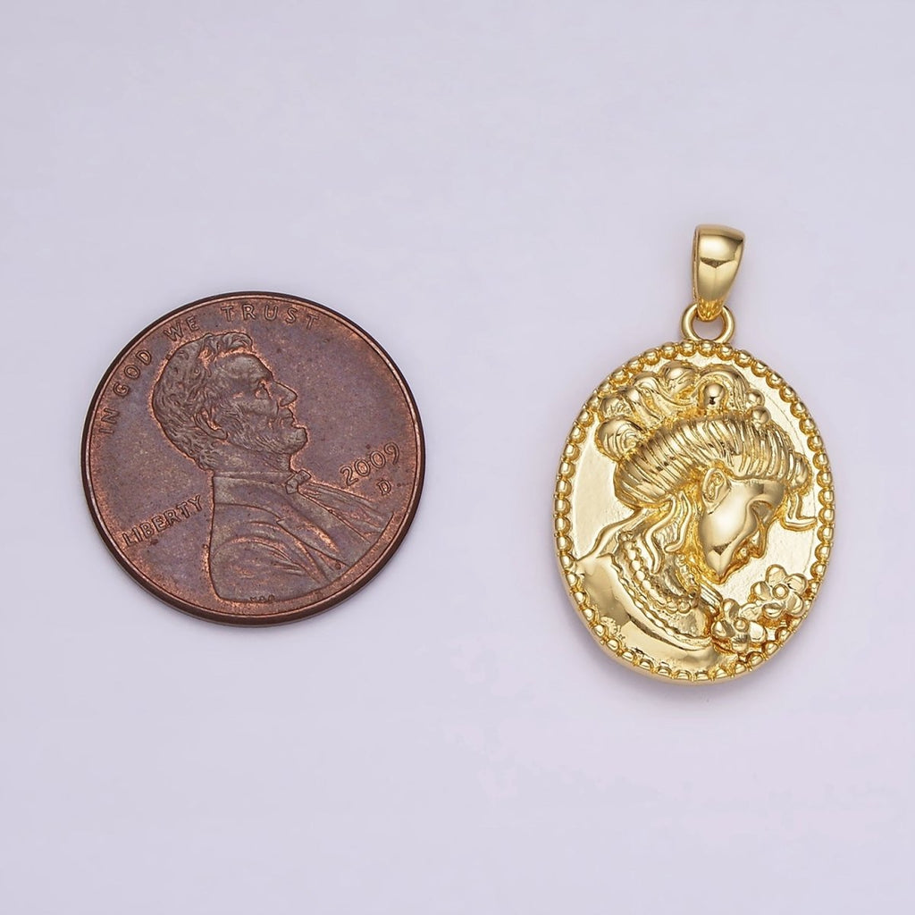 14K Gold plated Women Flower Portrait Cameo Double Sided Dotted Oval Pendant in Gold & Silver | AH125