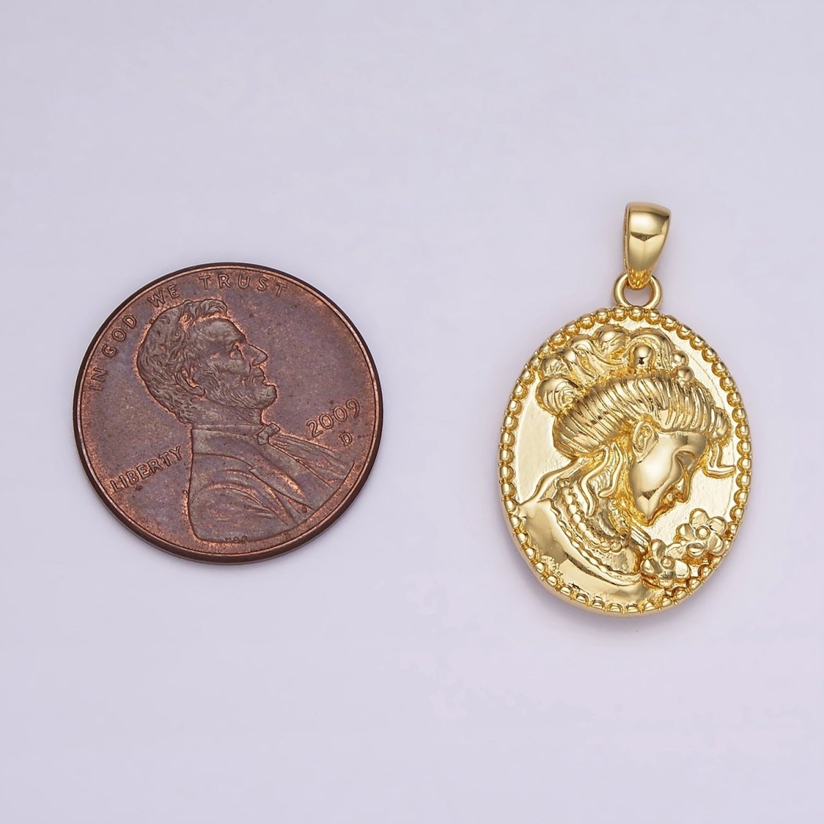 14K Gold plated Women Flower Portrait Cameo Double Sided Dotted Oval Pendant in Gold & Silver | AH125