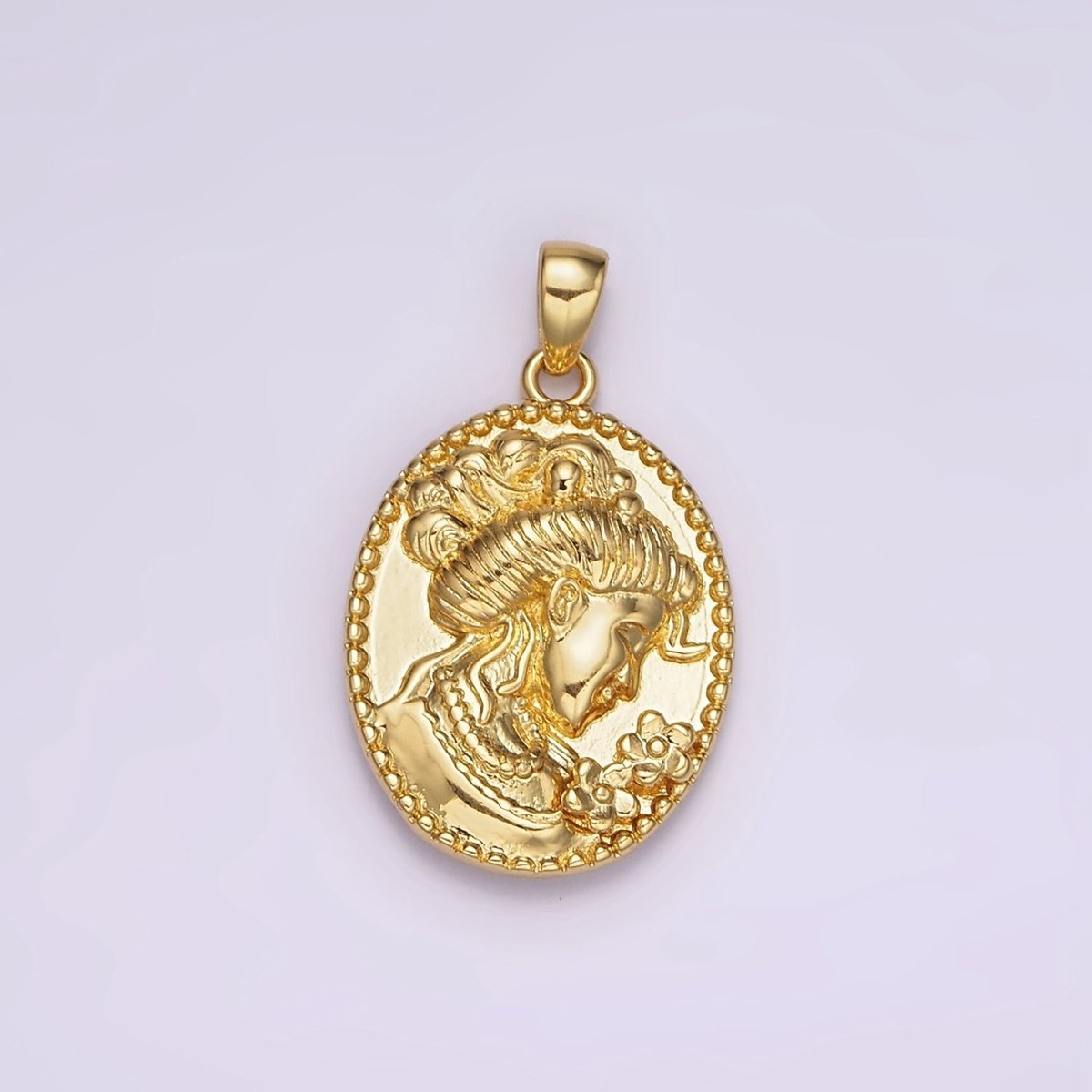 14K Gold plated Women Flower Portrait Cameo Double Sided Dotted Oval Pendant in Gold & Silver | AH125