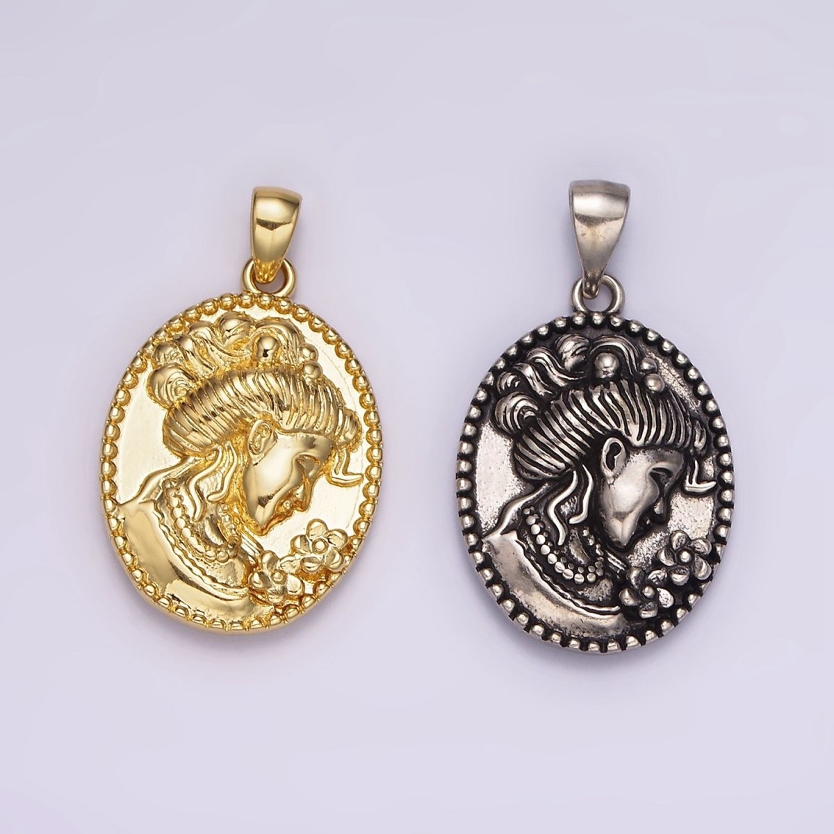 14K Gold plated Women Flower Portrait Cameo Double Sided Dotted Oval Pendant in Gold & Silver | AH125