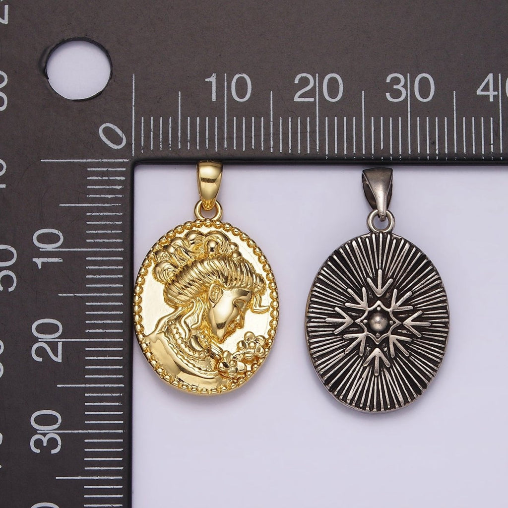 14K Gold plated Women Flower Portrait Cameo Double Sided Dotted Oval Pendant in Gold & Silver | AH125