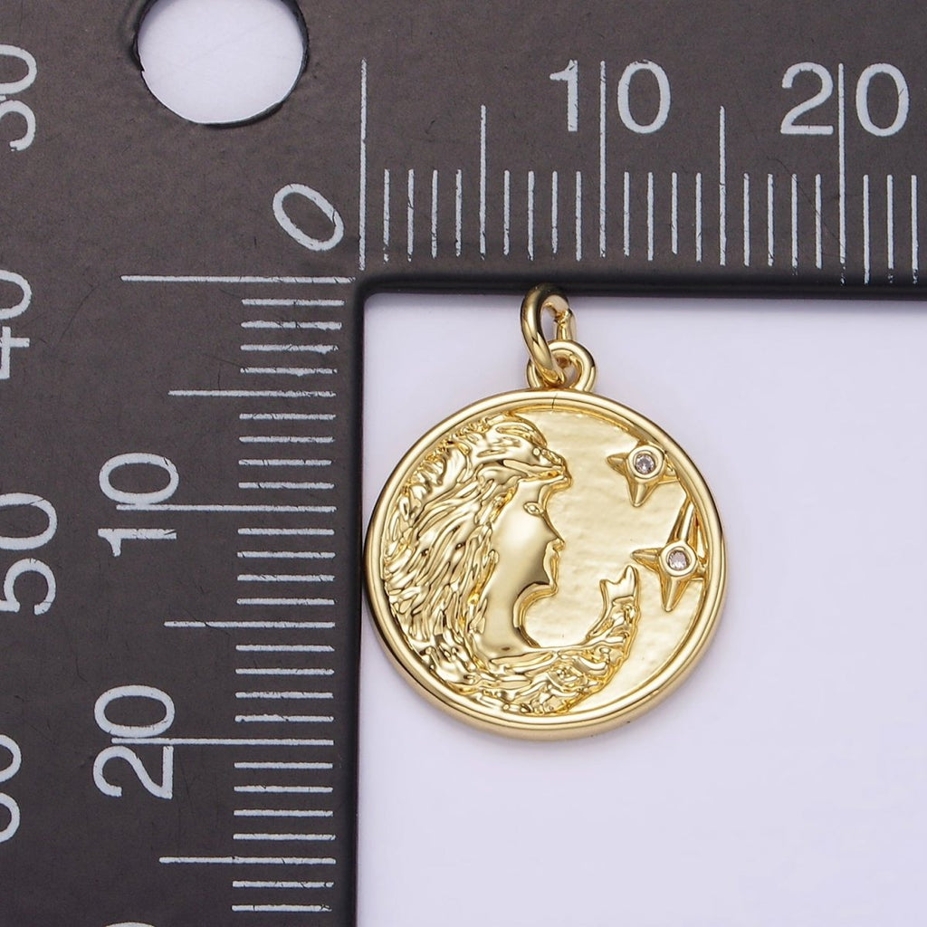 14K Gold plated Women Portrait Cameo Double CZ Celestial Star Round Charm | AG315 - DLUXCA