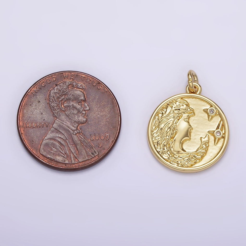 14K Gold plated Women Portrait Cameo Double CZ Celestial Star Round Charm | AG315 - DLUXCA