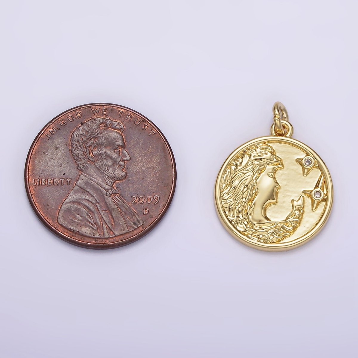 14K Gold plated Women Portrait Cameo Double CZ Celestial Star Round Charm | AG315 - DLUXCA