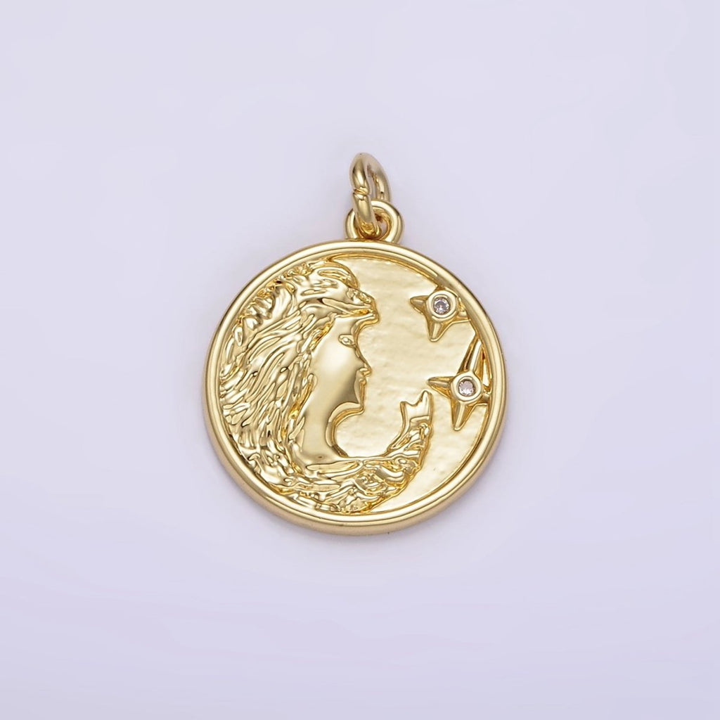 14K Gold plated Women Portrait Cameo Double CZ Celestial Star Round Charm | AG315 - DLUXCA