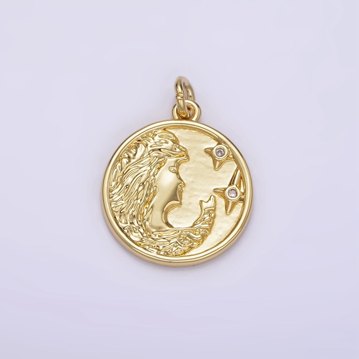 14K Gold plated Women Portrait Cameo Double CZ Celestial Star Round Charm | AG315 - DLUXCA