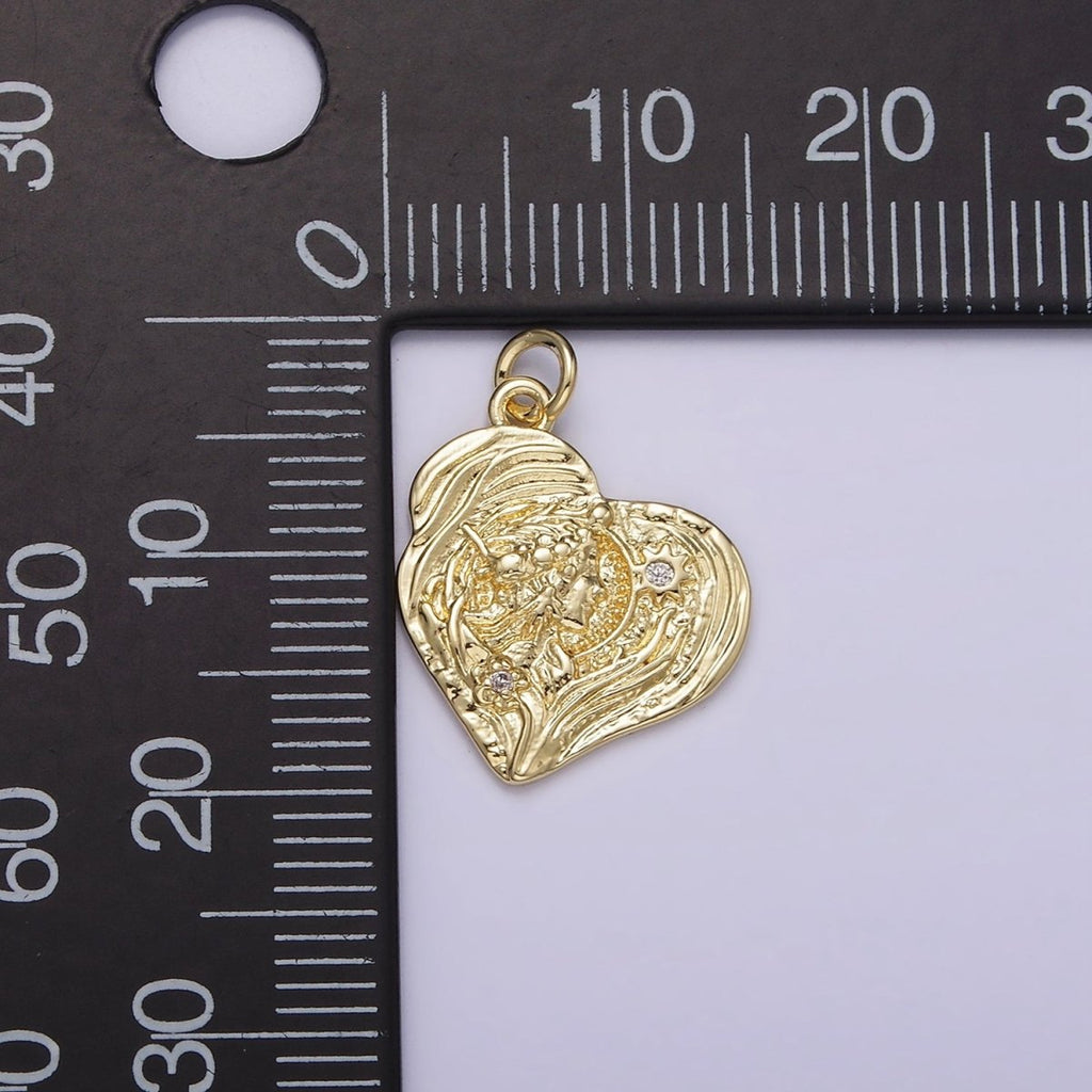 14K Gold plated Women Portrait Celestial Sun Flower CZ Textured Abstract Heart Charm | AG247 - DLUXCA