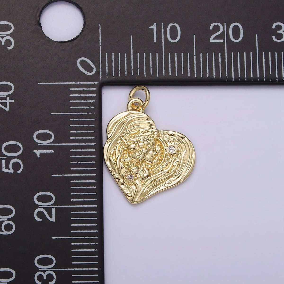 14K Gold plated Women Portrait Celestial Sun Flower CZ Textured Abstract Heart Charm | AG247 - DLUXCA