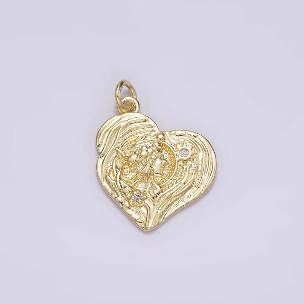 14K Gold plated Women Portrait Celestial Sun Flower CZ Textured Abstract Heart Charm | AG247 - DLUXCA