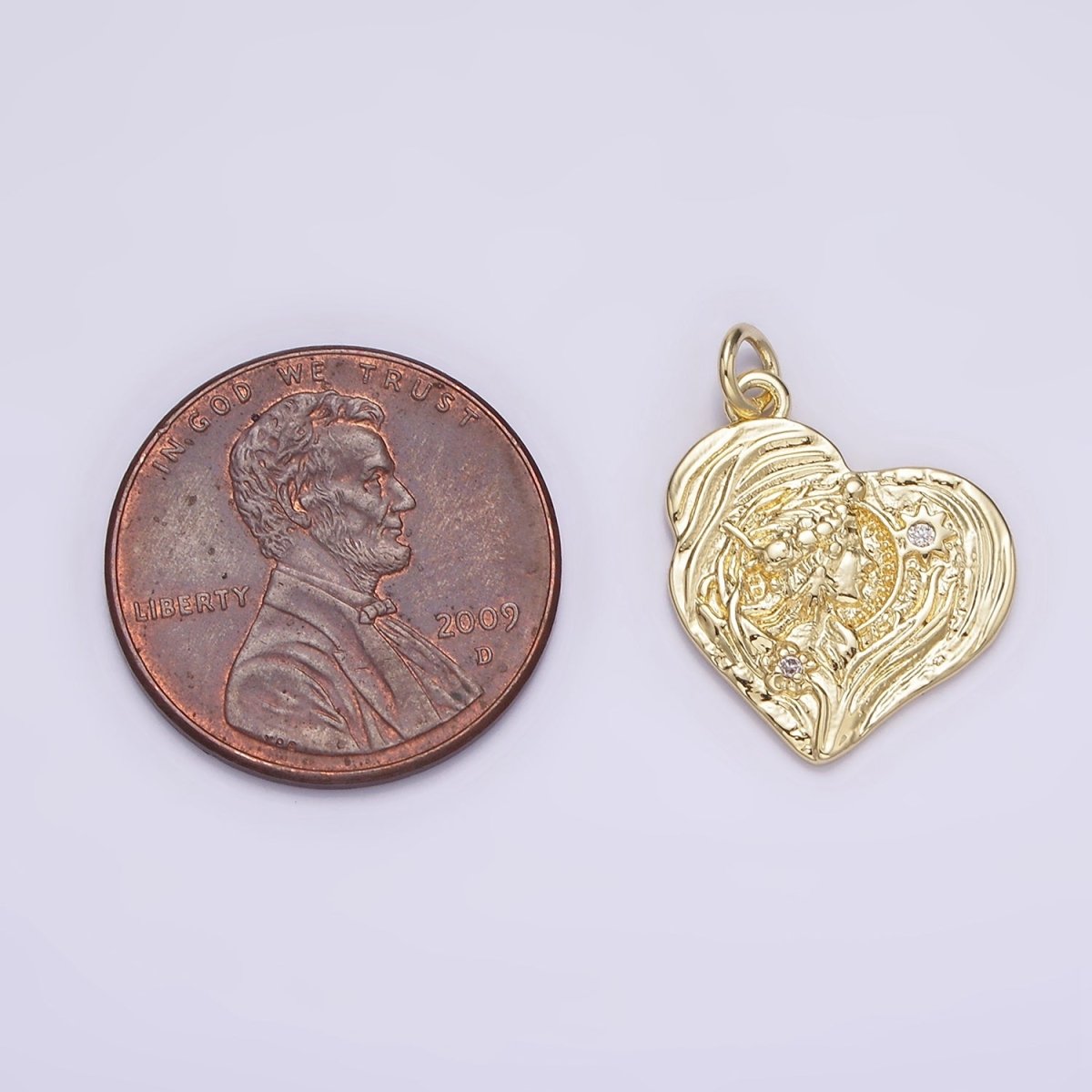 14K Gold plated Women Portrait Celestial Sun Flower CZ Textured Abstract Heart Charm | AG247 - DLUXCA
