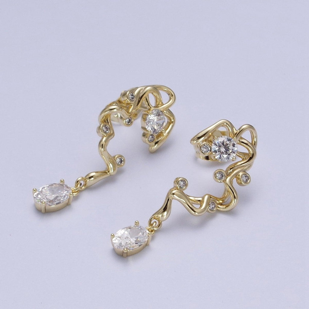 14K Gold Geometric Abstract Round Oval Cubic Zirconia Drop Stud Earrings | Y-062 - DLUXCA