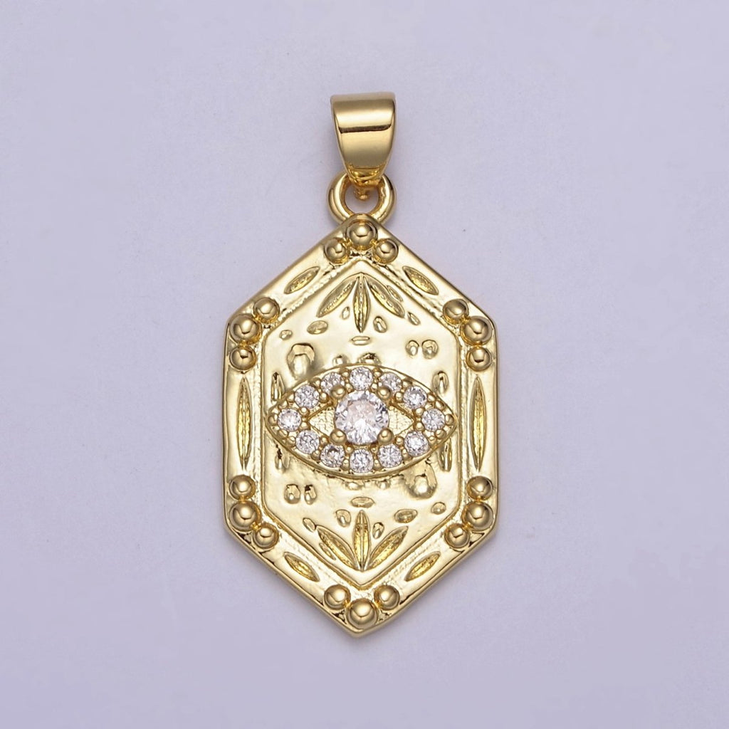 14K Gold Hexagon Micro Pave CZ Evil Eye Pendant, Cubic Zirconia Eye of Ra Charm For DIY Jewelry Making Supply H-790 - DLUXCA