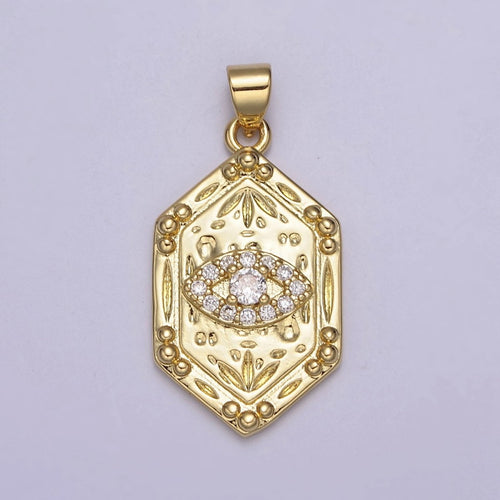 14K Gold Hexagon Micro Pave CZ Evil Eye Pendant, Cubic Zirconia Eye of Ra Charm For DIY Jewelry Making Supply H-790 - DLUXCA