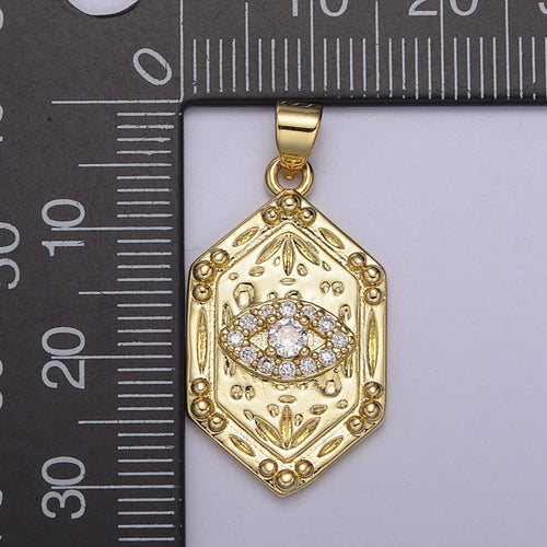 14K Gold Hexagon Micro Pave CZ Evil Eye Pendant, Cubic Zirconia Eye of Ra Charm For DIY Jewelry Making Supply H-790 - DLUXCA