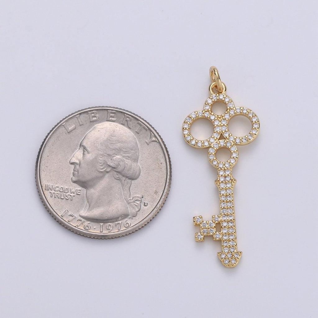 14k Olympic Key Gold Plated Micro Pave Cubic Clover Key Pendant Charm, Micro Pave CZ Key Pendant Charm,For DIY Jewelry E-561 - DLUXCA