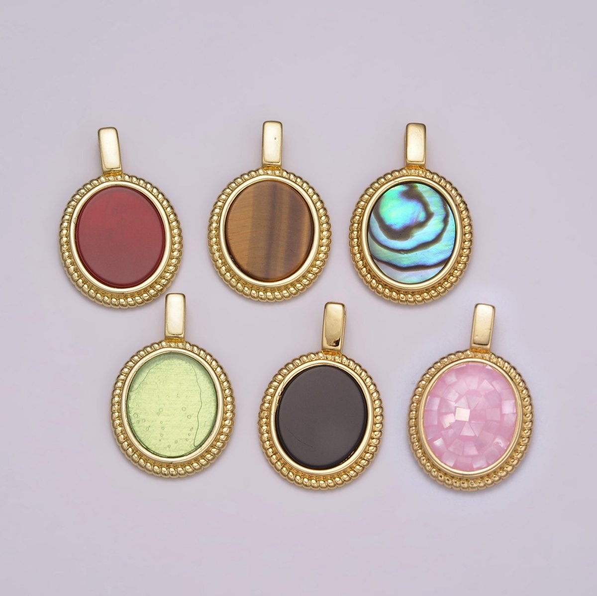 14K Yellow Gold plated Oval Gemstone Medallion Pendant Abalone, Tiger Eye, Carnelian, Black ,Green Agate for Vintage Classic Minimalist Jewelry N - 478 - N - 482 - DLUXCA