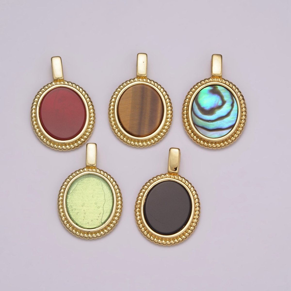 14K Yellow Gold plated Oval Gemstone Medallion Pendant Abalone, Tiger Eye, Carnelian, Black ,Green Agate for Vintage Classic Minimalist Jewelry N-478 - N-482