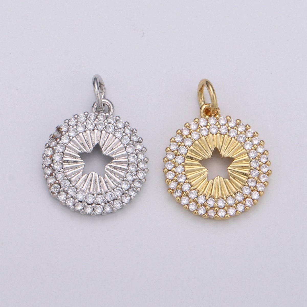 14mm 24K Gold and Silver Round Star Charm - Round Star Charm, Micro Pave Star Charm, Twinkle Star Charm, 24k Gold plated Charm D-576 D-577
