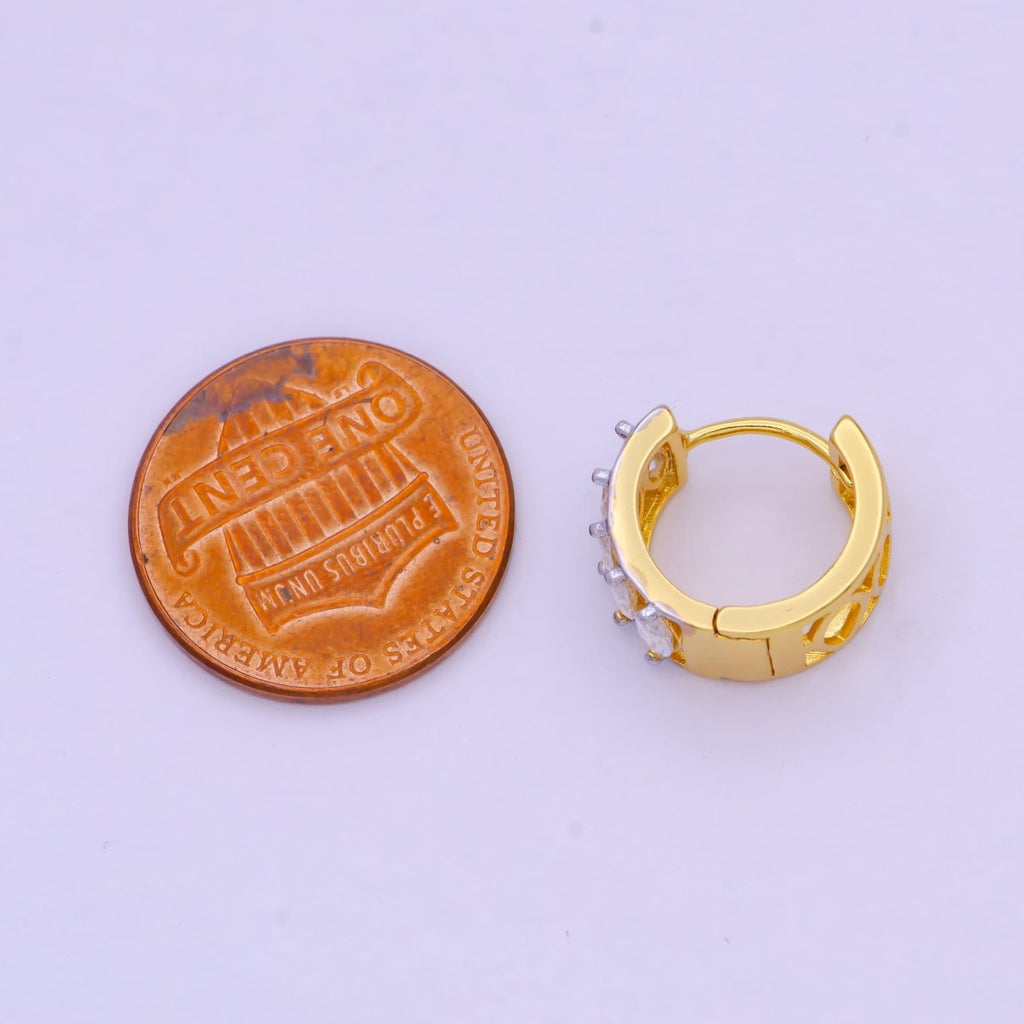 14mm Gold Marquise Cubic Zirconia Mixed Metal Cartilage Huggie Earrings | T-139 - DLUXCA