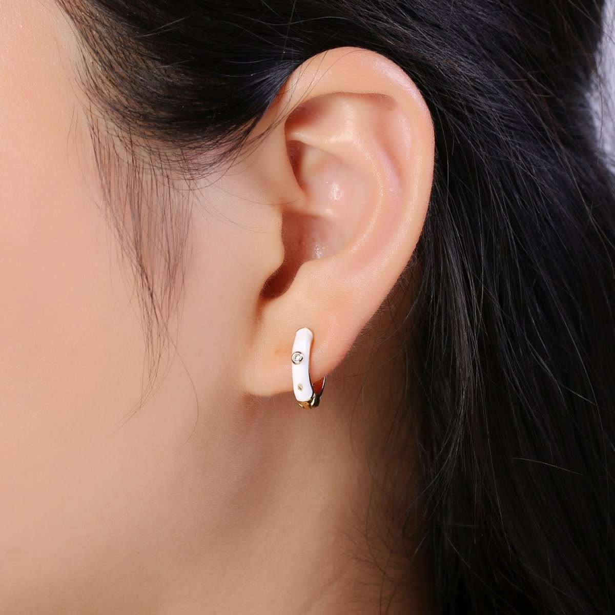 14mm White Enamel Gold Hoop Earring, Small Huggie Earring P-102 - DLUXCA