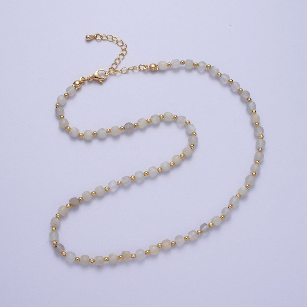 15.5 Inch Natural Grey-White Moonstone Multi Faceted Cube Gemstone w. Gold Bead Choker Necklace | WA-1424 Clearance Pricing - DLUXCA