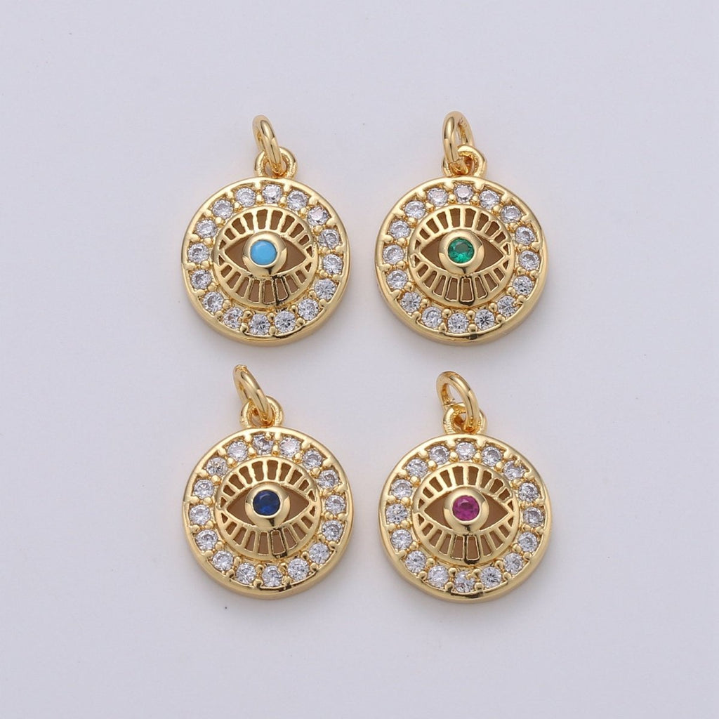 15x10mm 24k Gold plated Evil Eye, Micro Pave Evil Eye Charm, Turquoise Cubic Charms, CZ Gold Evil Eye Beads, Pink Green Blue Charms, D-485 - D-488