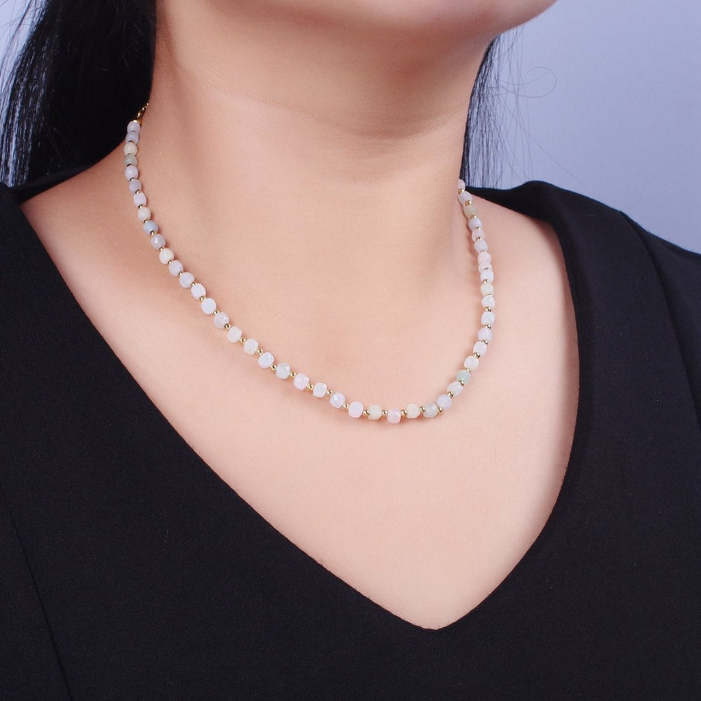 16 Inch Natural Morganite Multifaceted Cube Gemstone w. Gold Bead Choker Necklace | WA-1479 Clearance Pricing - DLUXCA