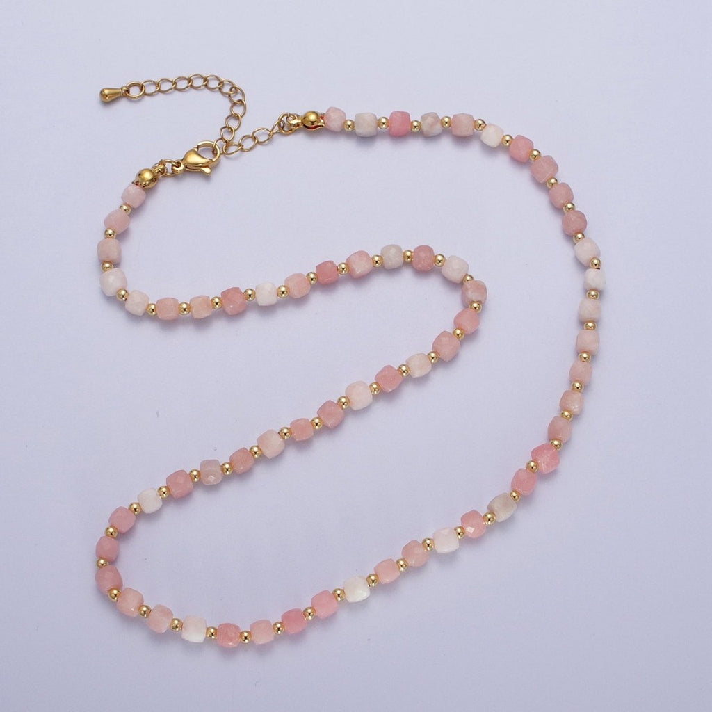 16 Inch Natural Pink Opal Multifaceted Cube Gemstone w. Gold Bead Choker Necklace | WA-1444 Clearance Pricing - DLUXCA