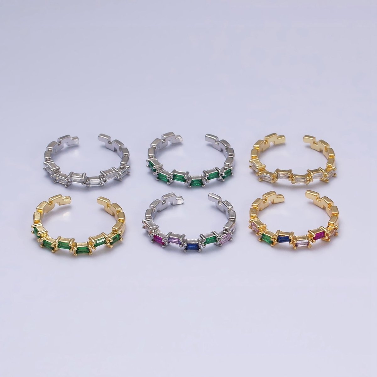 16K Gold Filed Clear, Green, Multicolor CZ Baguette Lined Adjustable Ring | O-1581~O-1586