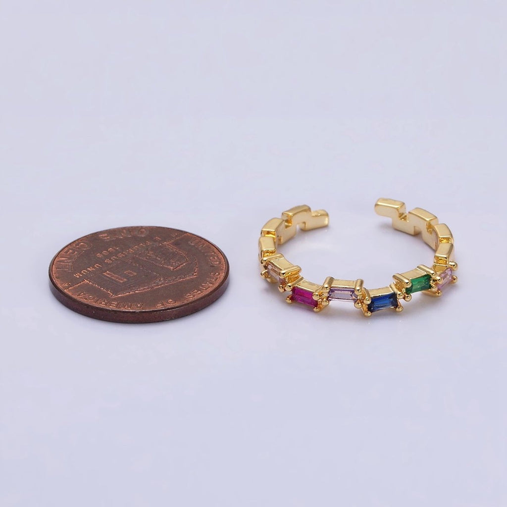 16K Gold Filed Clear, Green, Multicolor CZ Baguette Lined Adjustable Ring | O-1581~O-1586