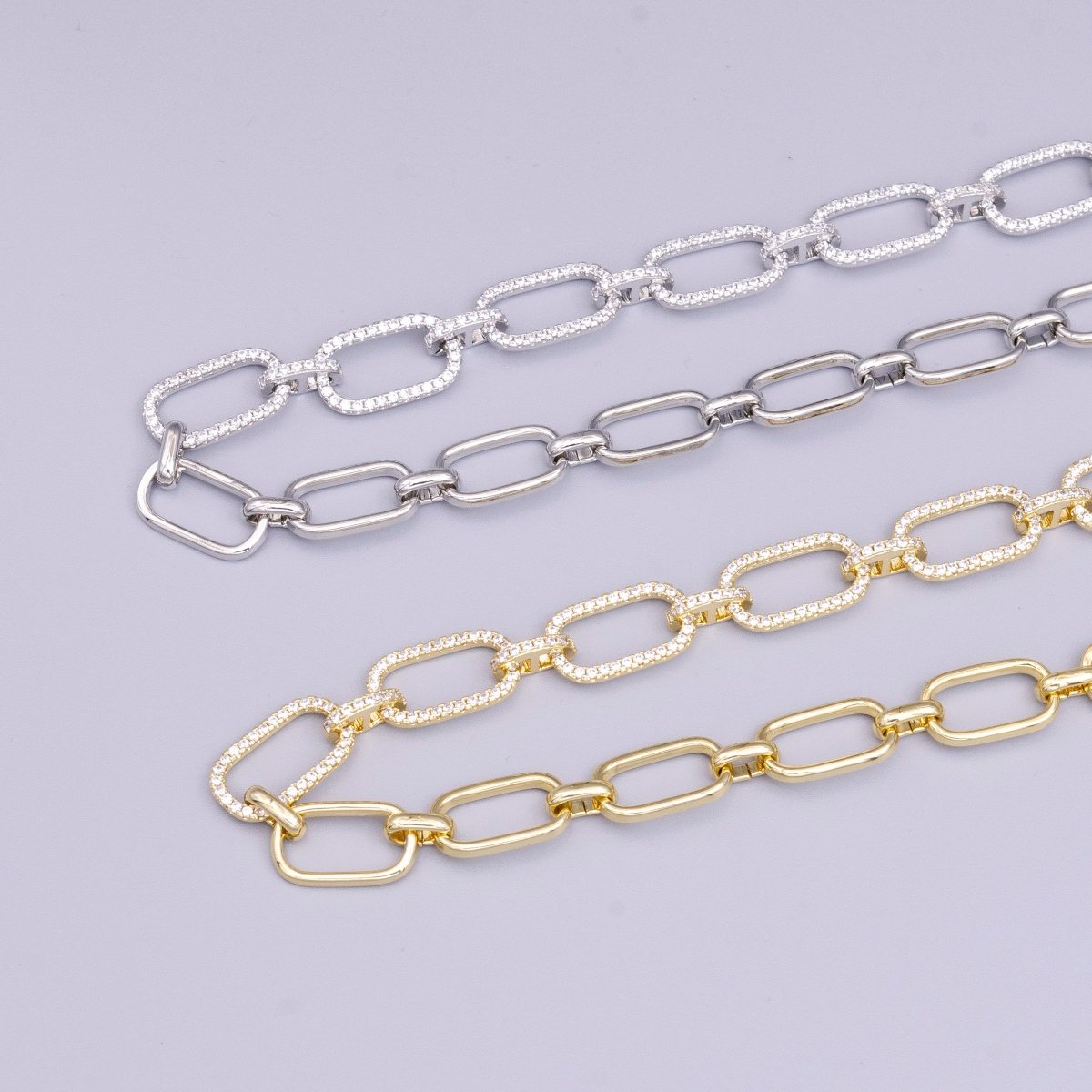 16K Gold plated 10mm Half Micro Paved CZ Paperclip 17 Inch Chain Necklace in Gold & Silver | WA-1894 WA-1895 Clearance Pricing