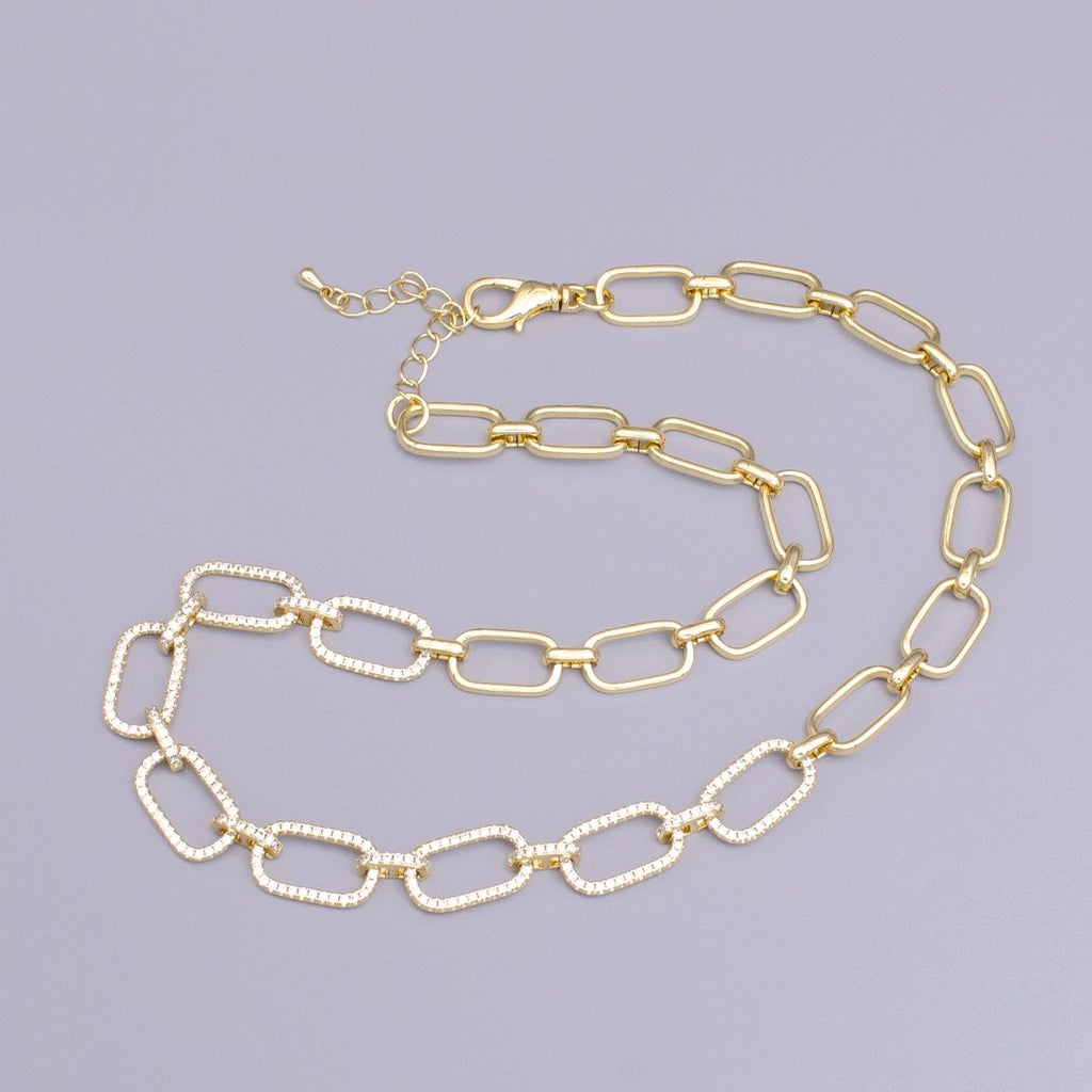 16K Gold plated 10mm Half Micro Paved CZ Paperclip 17 Inch Chain Necklace in Gold & Silver | WA-1894 WA-1895 Clearance Pricing