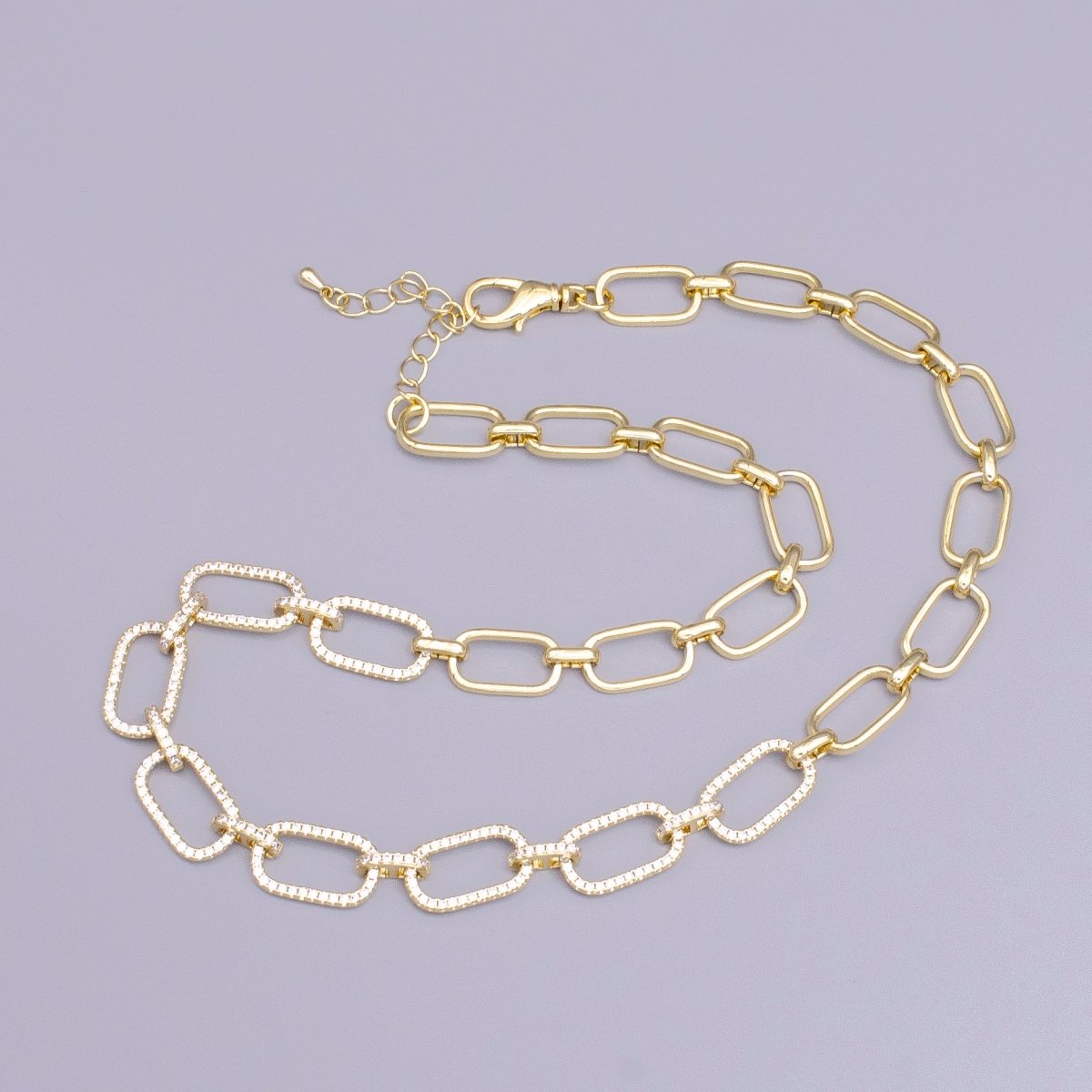 16K Gold plated 10mm Half Micro Paved CZ Paperclip 17 Inch Chain Necklace in Gold & Silver | WA-1894 WA-1895 Clearance Pricing