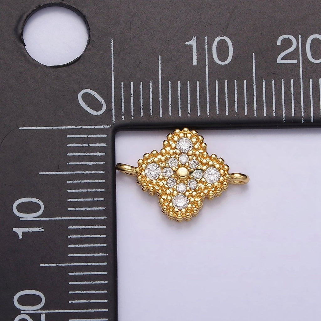 16K Gold plated 10mm Quatrefoil Clover Clear Micro Paved CZ Beaded Connector | F-087 - DLUXCA