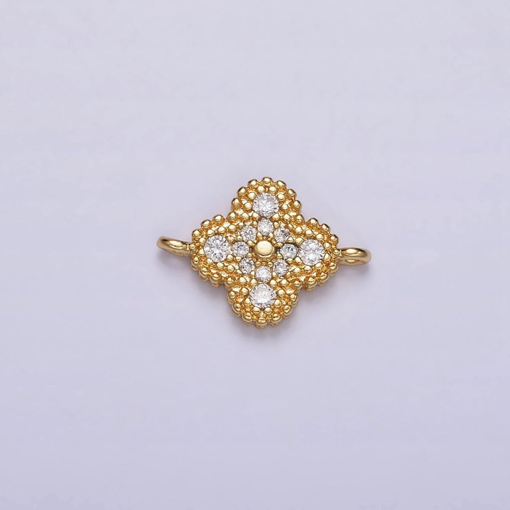 16K Gold plated 10mm Quatrefoil Clover Clear Micro Paved CZ Beaded Connector | F-087 - DLUXCA