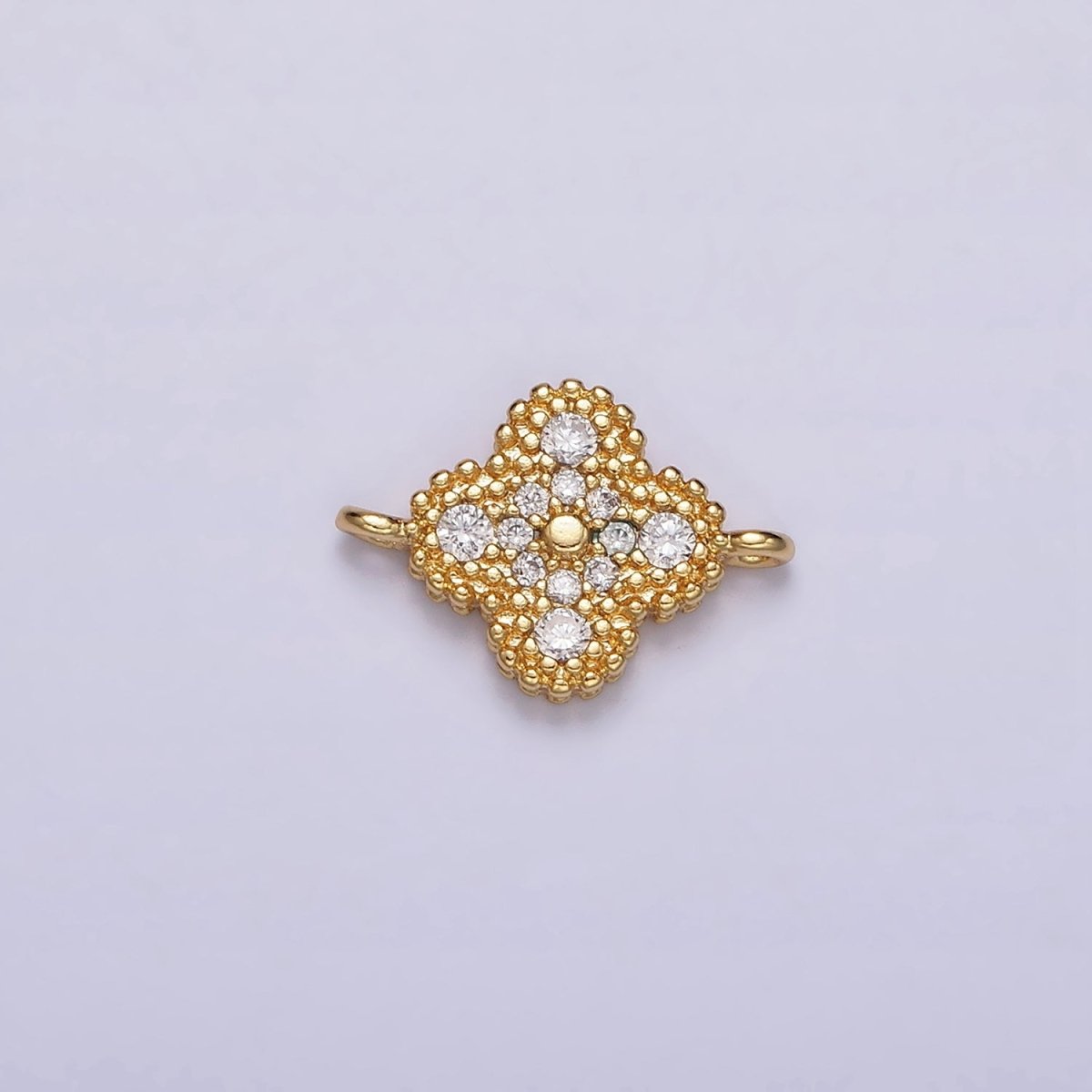 16K Gold plated 10mm Quatrefoil Clover Clear Micro Paved CZ Beaded Connector | F-087 - DLUXCA