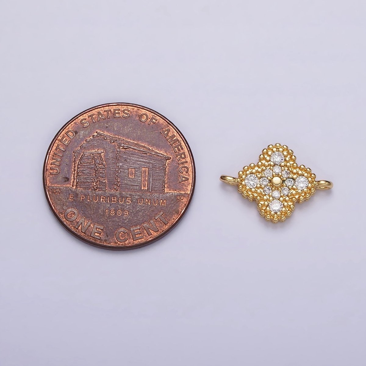 16K Gold plated 10mm Quatrefoil Clover Clear Micro Paved CZ Beaded Connector | F-087 - DLUXCA