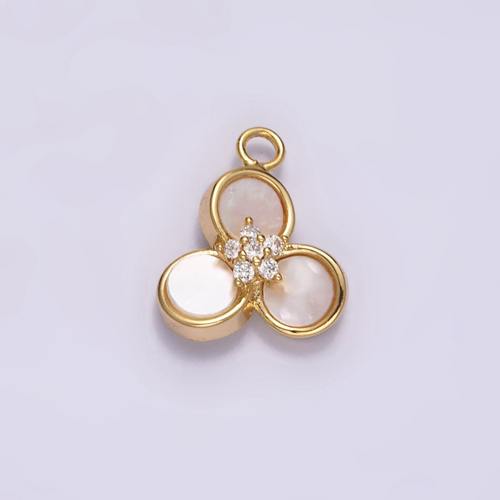 16K Gold plated 13.5mm Triple Shell Pearl Clear CZ Flower Clover Quatrefoil Charm | N1499 - DLUXCA