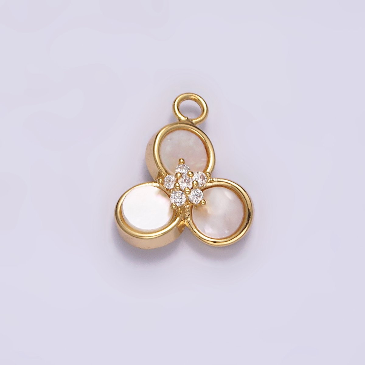 16K Gold plated 13.5mm Triple Shell Pearl Clear CZ Flower Clover Quatrefoil Charm | N1499 - DLUXCA