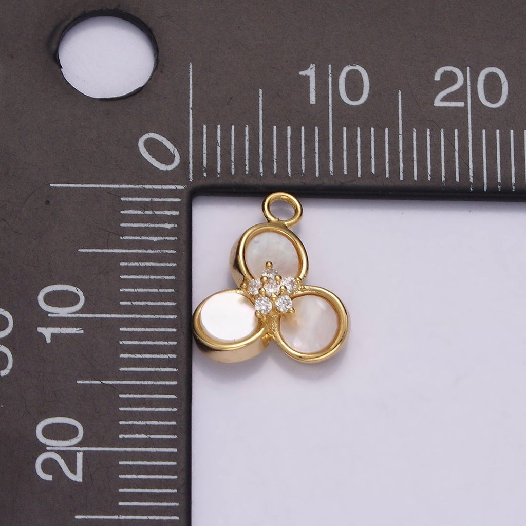 16K Gold plated 13.5mm Triple Shell Pearl Clear CZ Flower Clover Quatrefoil Charm | N1499 - DLUXCA