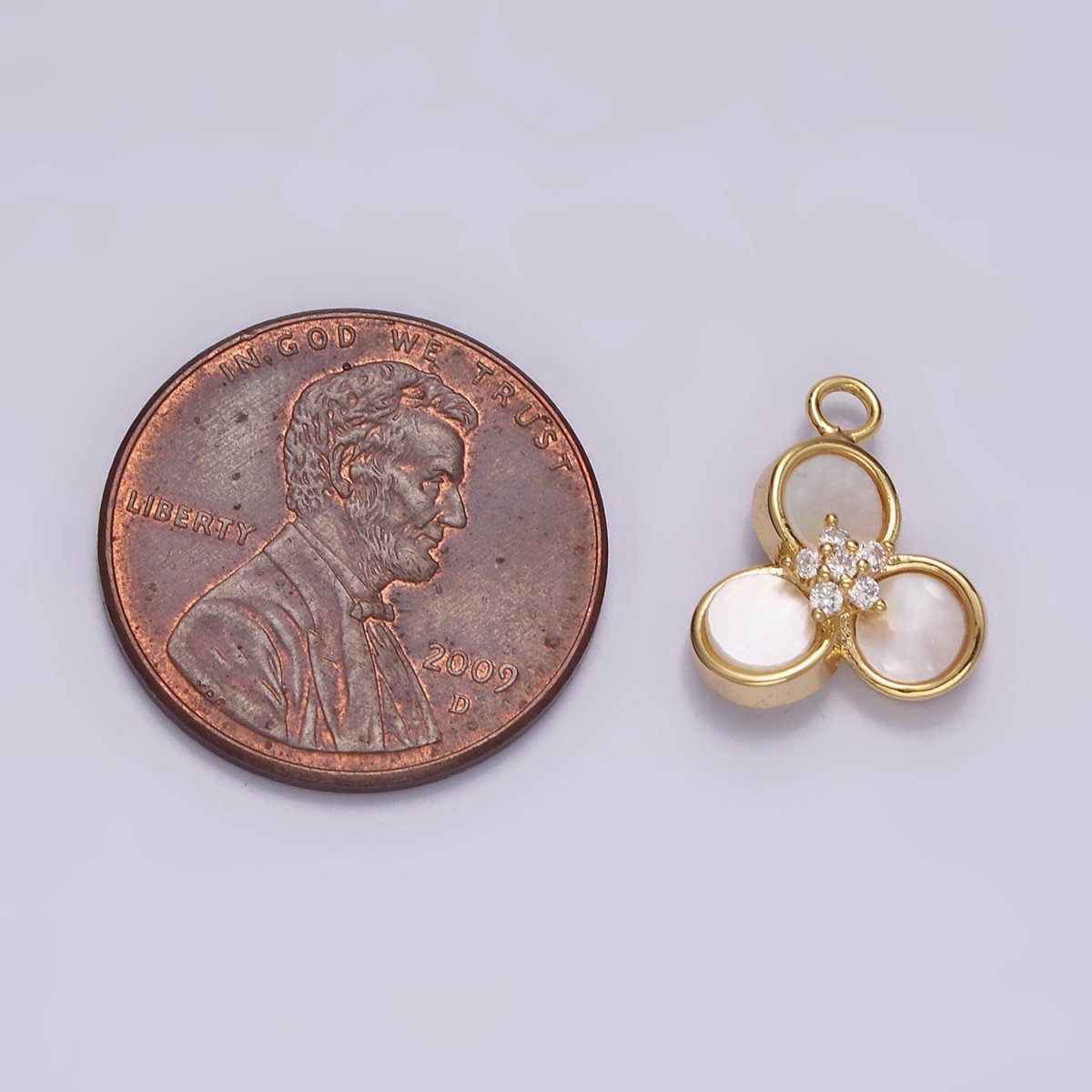 16K Gold plated 13.5mm Triple Shell Pearl Clear CZ Flower Clover Quatrefoil Charm | N1499 - DLUXCA