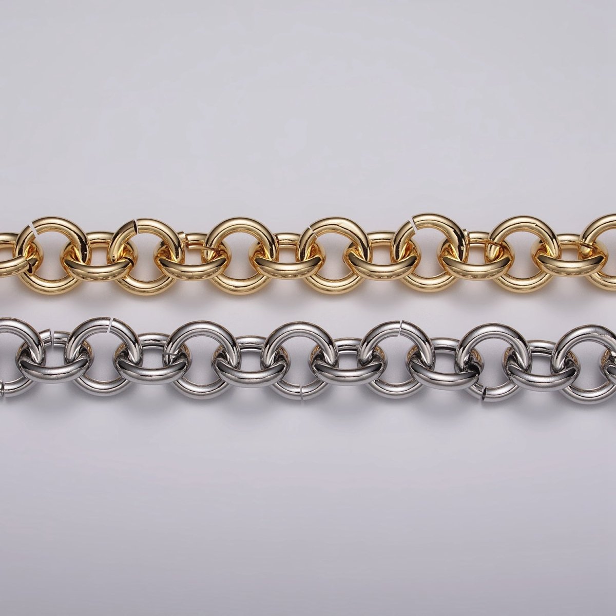 16K Gold plated 13mm Rolo Statement Unfinished Chain by Yard in Gold & Silver | ROLL-1189 ROLL-1190 Clearance Pricing