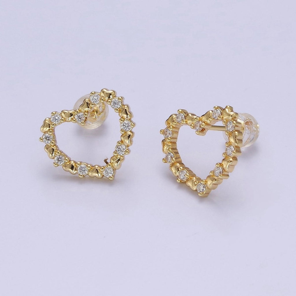 16K Gold plated 15mm Clear CZ Lined Open Heart Stud Earrings | V121 - DLUXCA