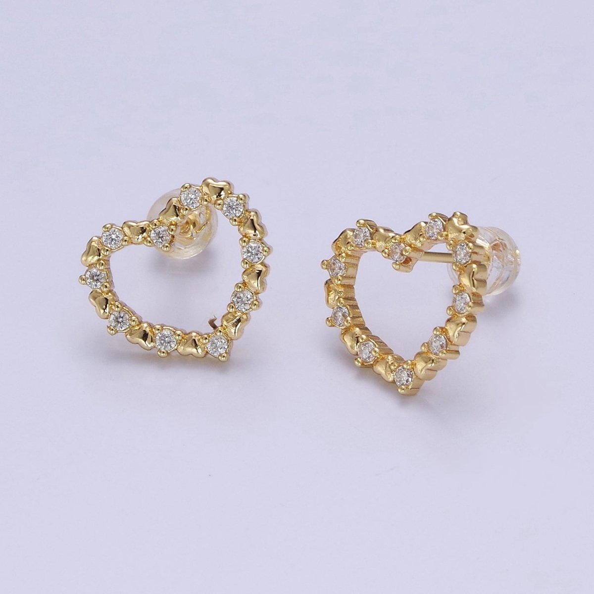 16K Gold plated 15mm Clear CZ Lined Open Heart Stud Earrings | V121 - DLUXCA