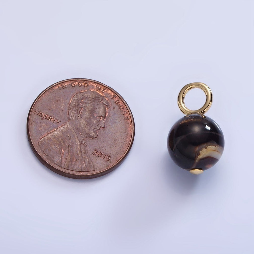 16K Gold plated 16.5mm Dark Tiger Eye Round Drop Charm | P1777 - DLUXCA