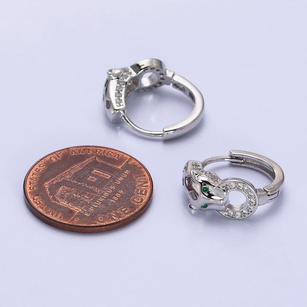 16K Gold plated 16mm Green-Eyed Panther Leopard Filigree Micro Paved Round Huggie Earrings in Silver & Gold | AB647 AB920 - DLUXCA