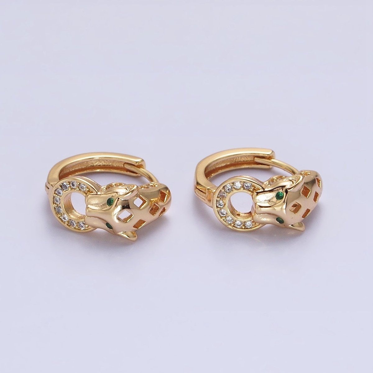 16K Gold plated 16mm Green-Eyed Panther Leopard Filigree Micro Paved Round Huggie Earrings in Silver & Gold | AB647 AB920 - DLUXCA