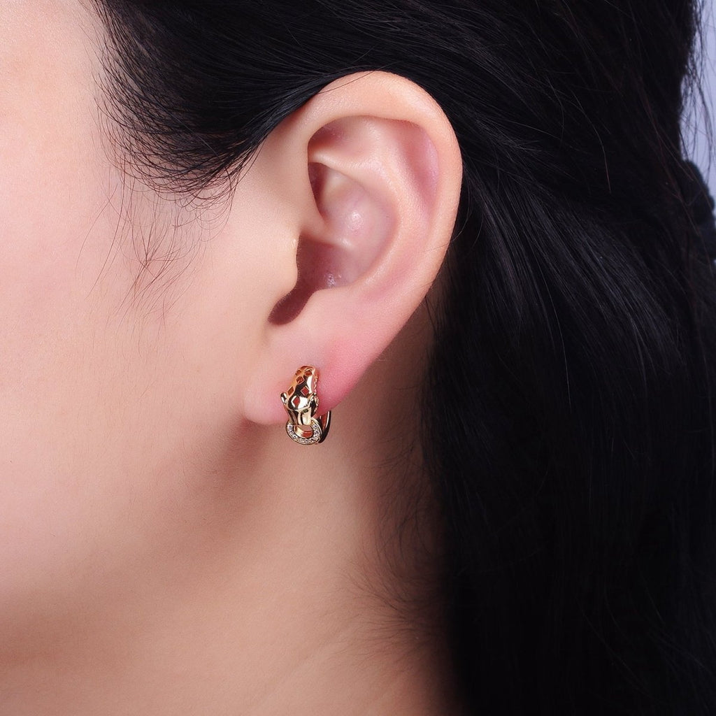 16K Gold plated 16mm Green-Eyed Panther Leopard Filigree Micro Paved Round Huggie Earrings in Silver & Gold | AB647 AB920 - DLUXCA