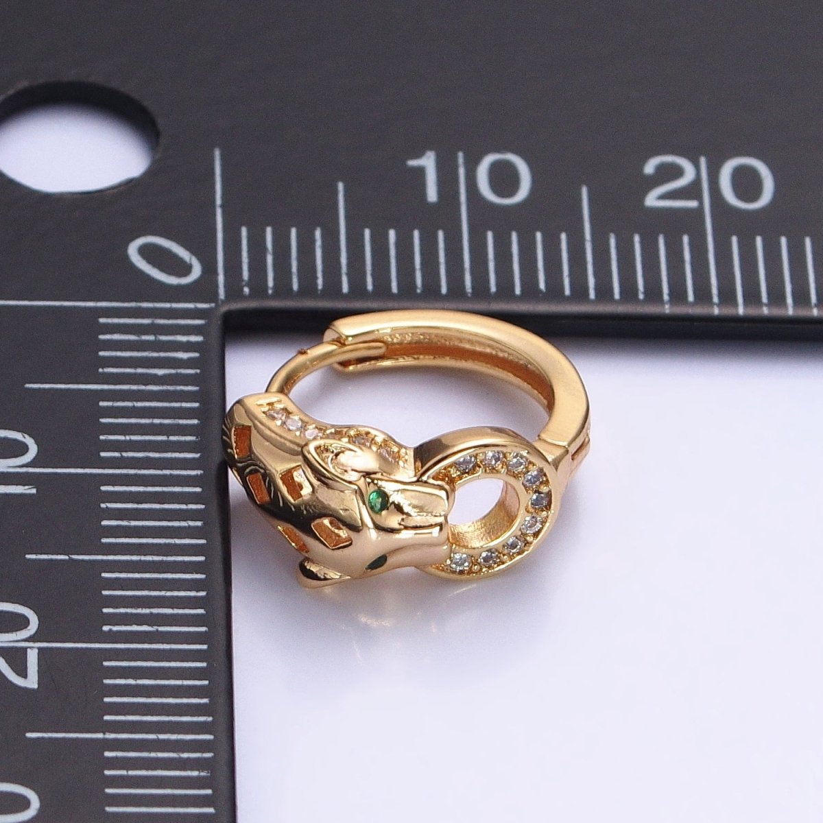 16K Gold plated 16mm Green-Eyed Panther Leopard Filigree Micro Paved Round Huggie Earrings in Silver & Gold | AB647 AB920 - DLUXCA